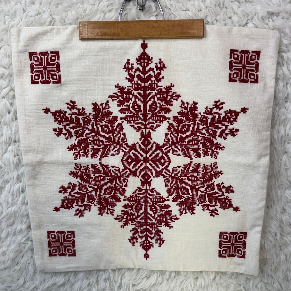 Pottery Barn Pillow Cover 20x20 Red White Snowflake Embroidered Holiday Nordic
